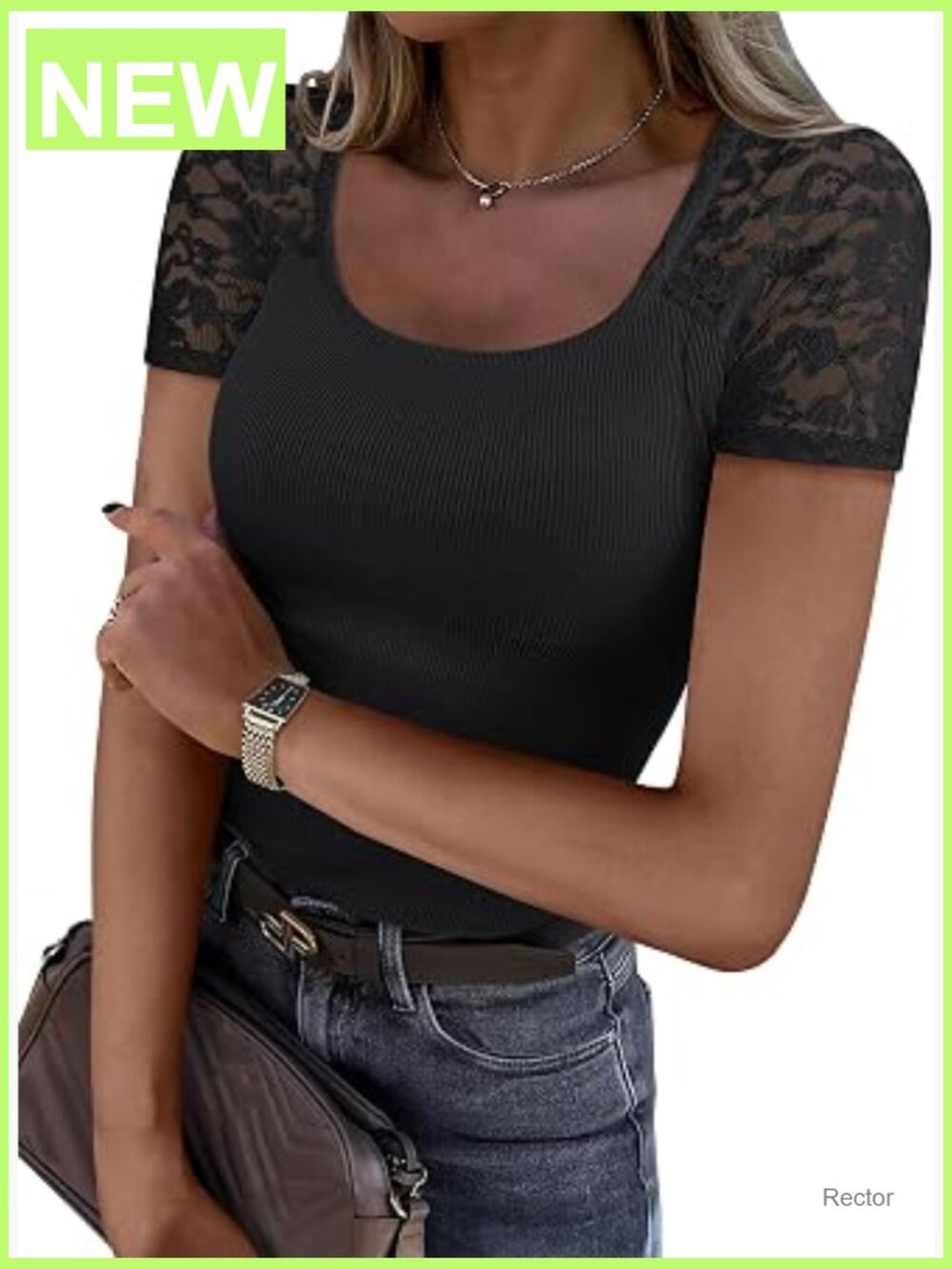 Slim Fit Rib Knit Scoop Neck Short Sleeve Shirt for Women - Lightweight Lace